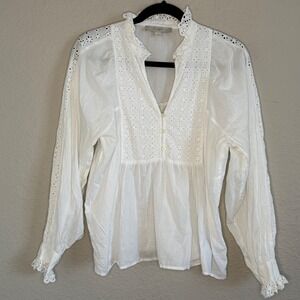 LOFT Small White Peasant Blouse Eyelet Cotton Poet Cottage Victorian Romantic